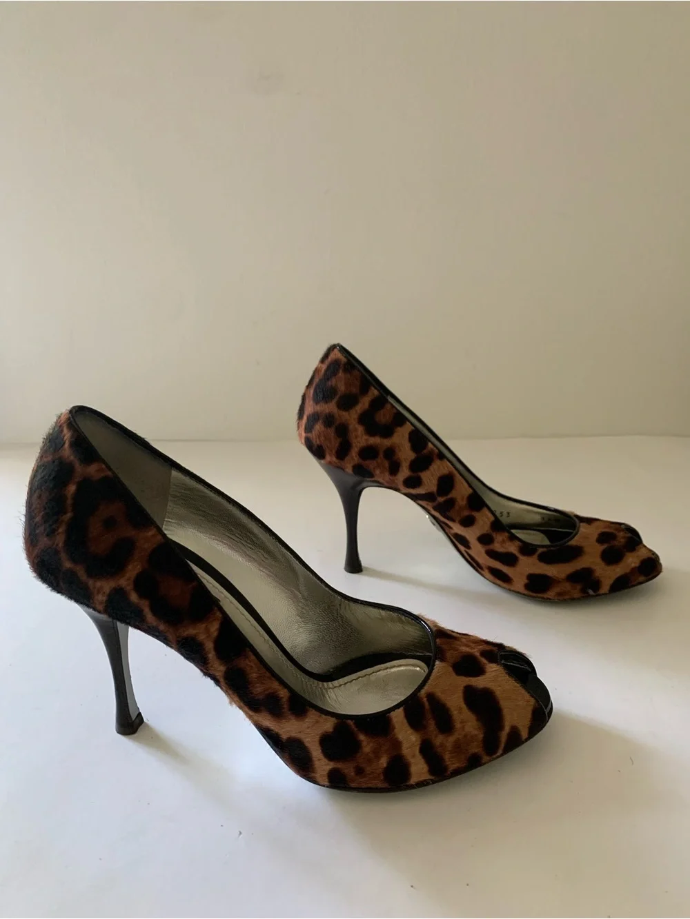 Dolce & Gabbana Calf Hair Leopard Print Peep-Toe Heels, Brown Tan Black, 36.5